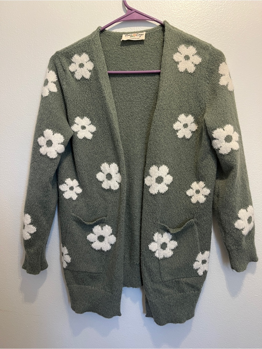 Cozy Olive Green Floral Daisy Open-Front Women's Cardigan Large